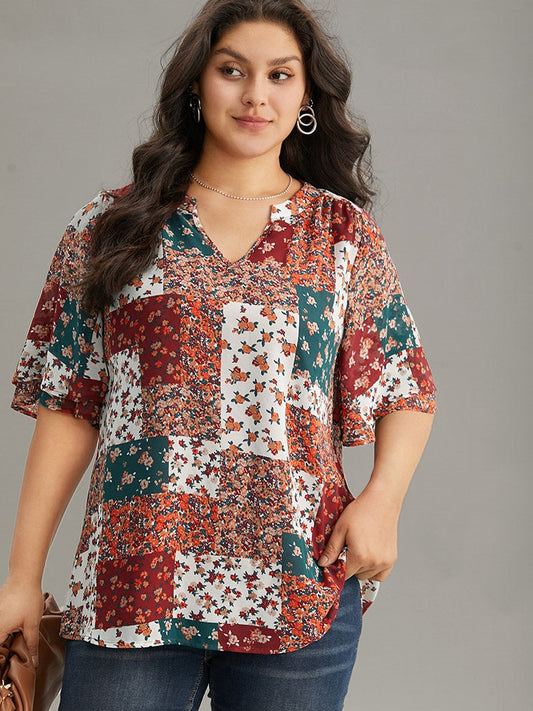 Ditsy Floral Colorblock Contrast Notched Blouse