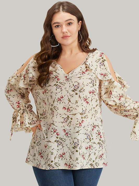 Ditsy Floral Cold Shoulder Ties Ruffle Trim Blouse
